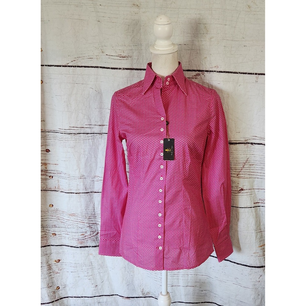 Fior Da Liso Paula Pink Horse Print Button Down Shirt Equestrian Blouse SZ 4 NWT